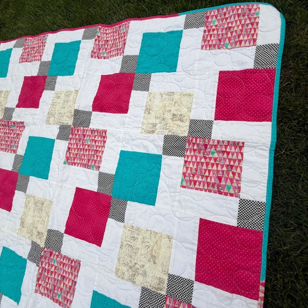 Love Sews Ministry Handmade Patchwork Quilt Pink Turquoise Geometric Throw 64x48